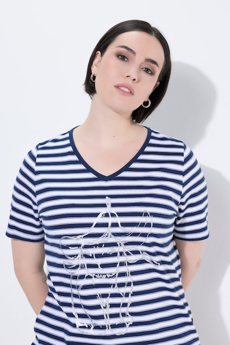 T-shirt, prążki, motyw metaliczny, dekolt w serek, krótki rękaw