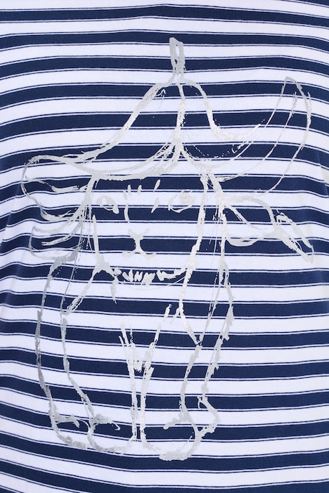 T-shirt, prążki, motyw metaliczny, dekolt w serek, krótki rękaw