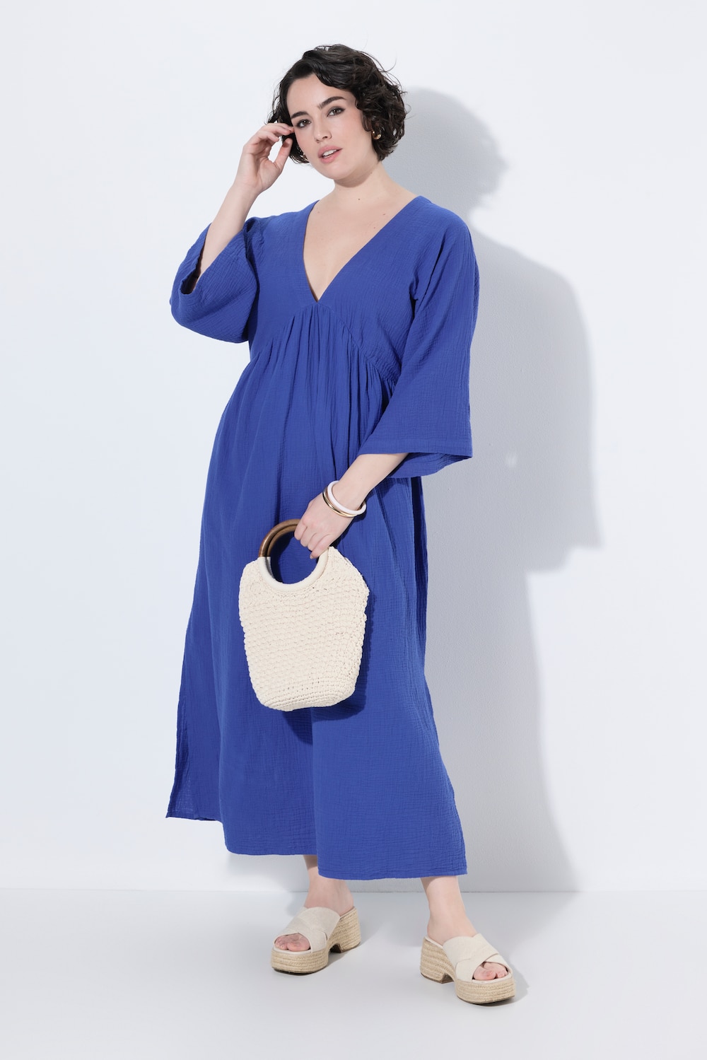 Maxikleid, Musselin, A-Linie, V-Ausschnitt, 3/4-Arm
