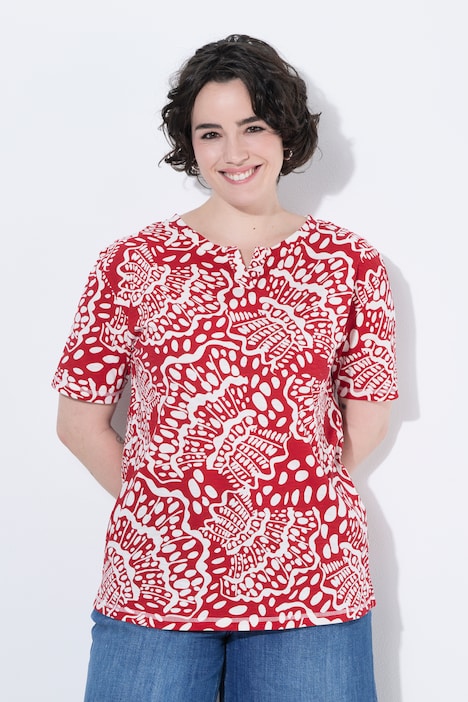 T-shirt, muszelki, krój oversize, dekolt tunikowy, krótki rękaw