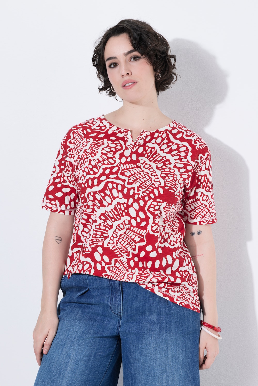 T-Shirt, Muscheln, Oversized, Tunika-Ausschnitt, Halbarm