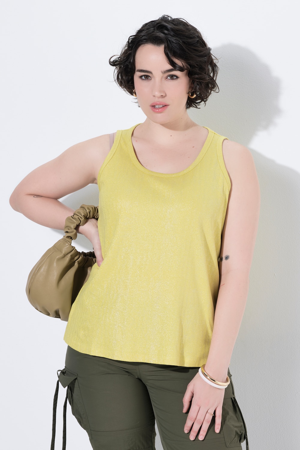 Top, ribjersey, metallic motief, slim, ronde hals, mouwloos