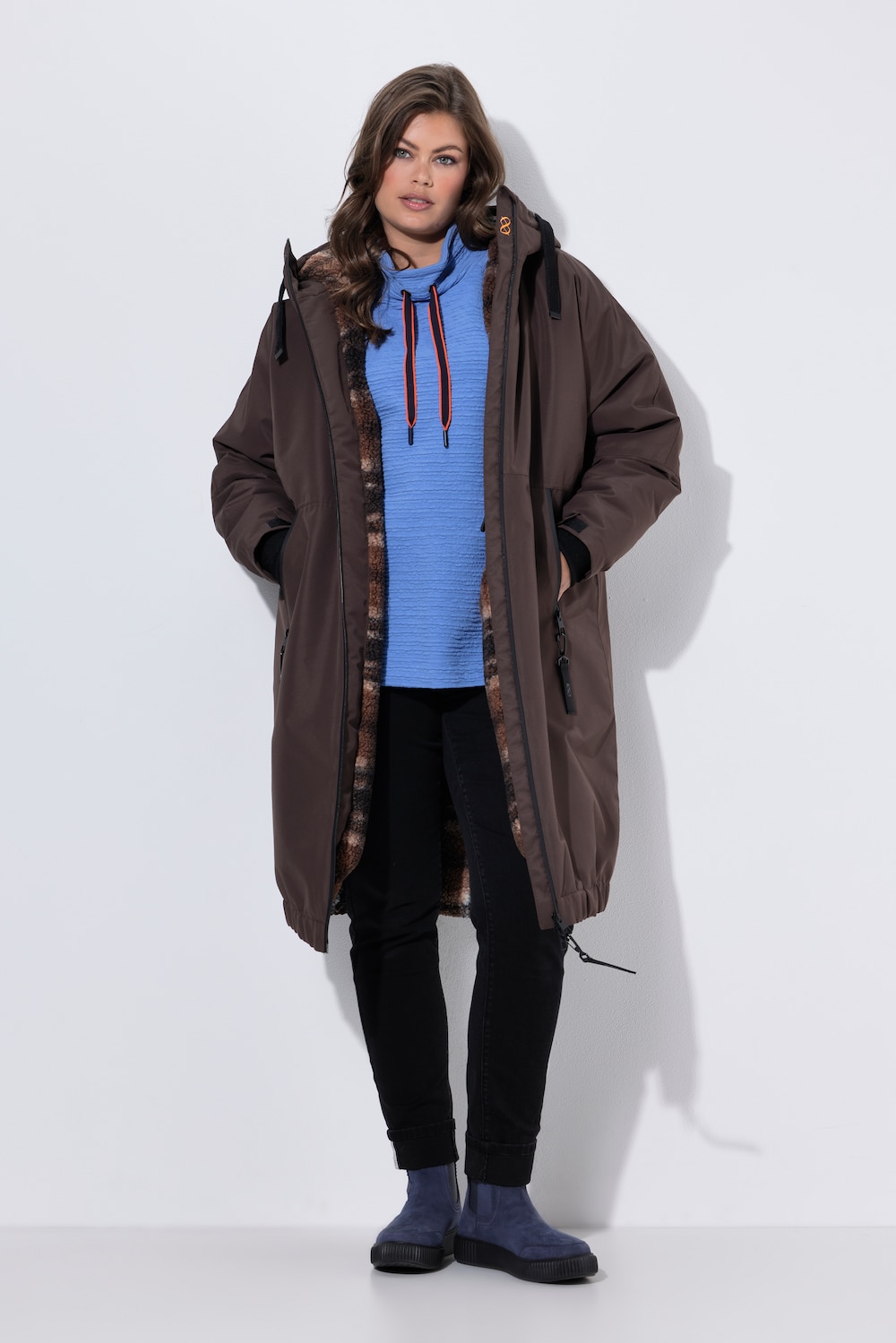 Functionele jas, oversized, geruite teddy voering, capuchon, 2-wegrits