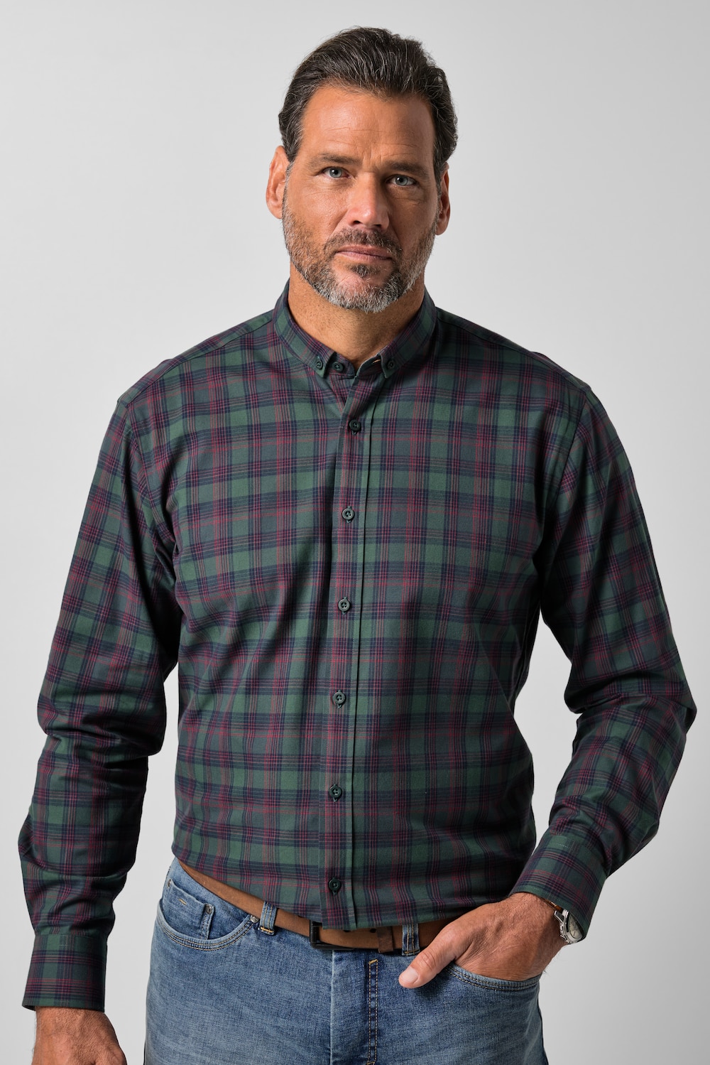 Geruit overhemd, lange mouwen, kleine buttondown kraag, modern fit, tot 8XL