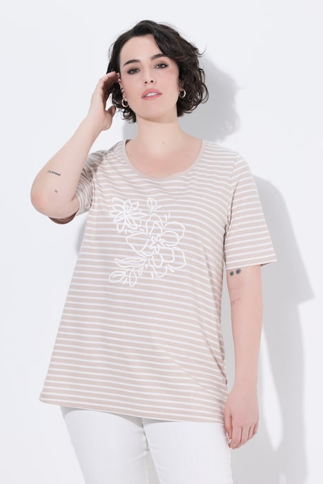 T-shirt, strepen, borduursel, A-lijn, ronde hals, korte mouwen