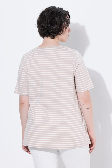 T-shirt, strepen, borduursel, A-lijn, ronde hals, korte mouwen