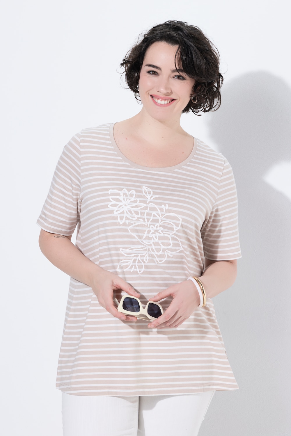 T-shirt, strepen, borduursel, A-lijn, ronde hals, korte mouwen