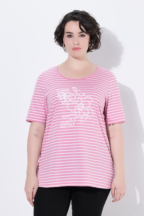T-shirt, strepen, borduursel, A-lijn, ronde hals, korte mouwen