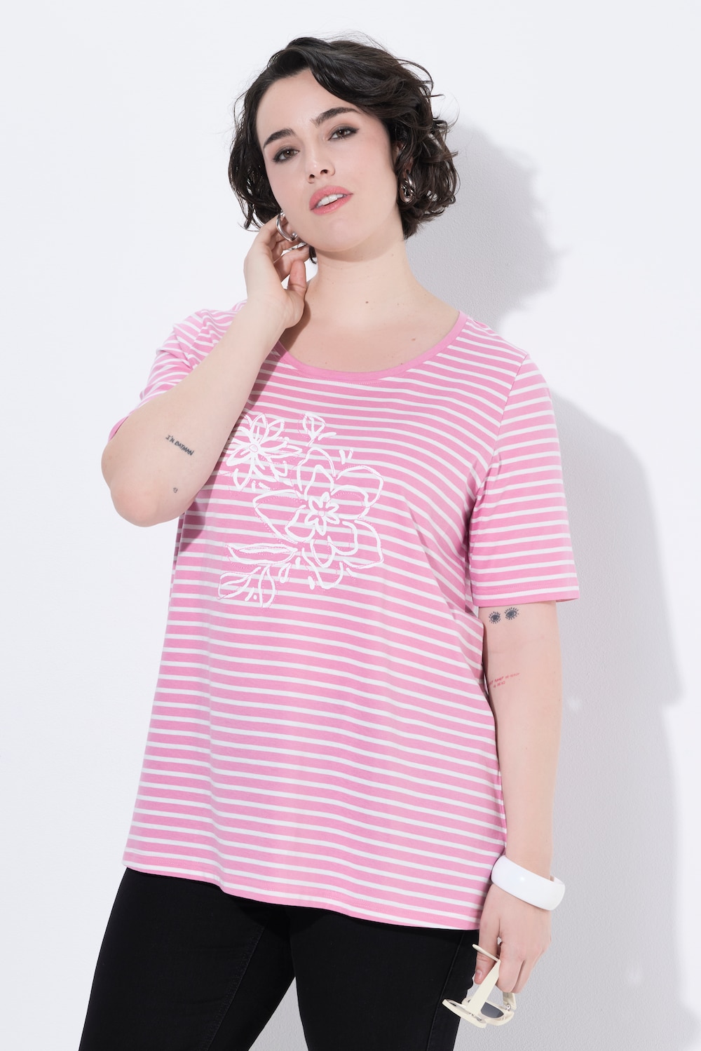 Shirt, Ringel, Stickerei, A-Linie, Rundhals, Halbarm