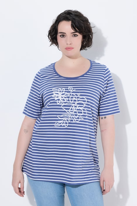 T-shirt, strepen, borduursel, A-lijn, ronde hals, korte mouwen