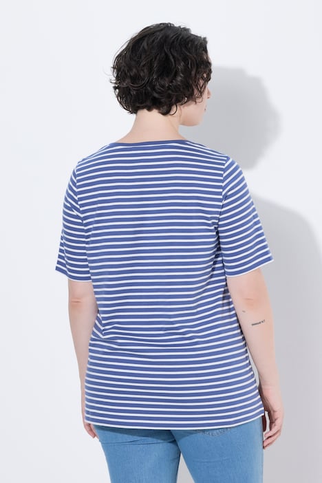 T-shirt, strepen, borduursel, A-lijn, ronde hals, korte mouwen