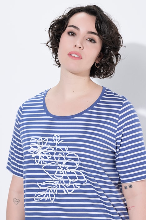 T-shirt, strepen, borduursel, A-lijn, ronde hals, korte mouwen