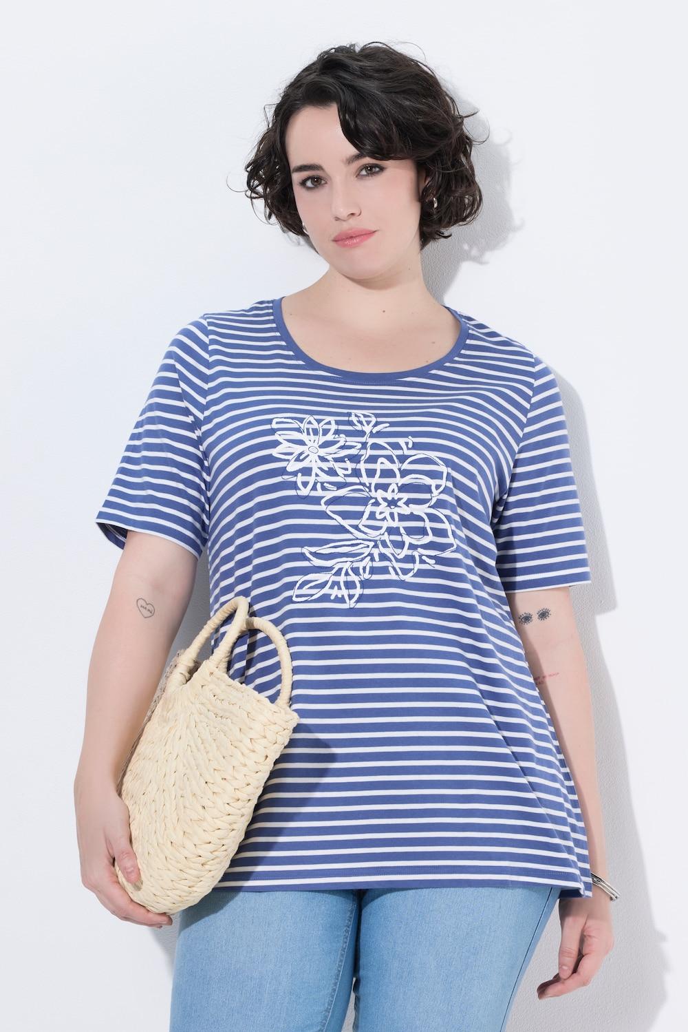 Shirt, Ringel, Stickerei, A-Linie, Rundhals, Halbarm