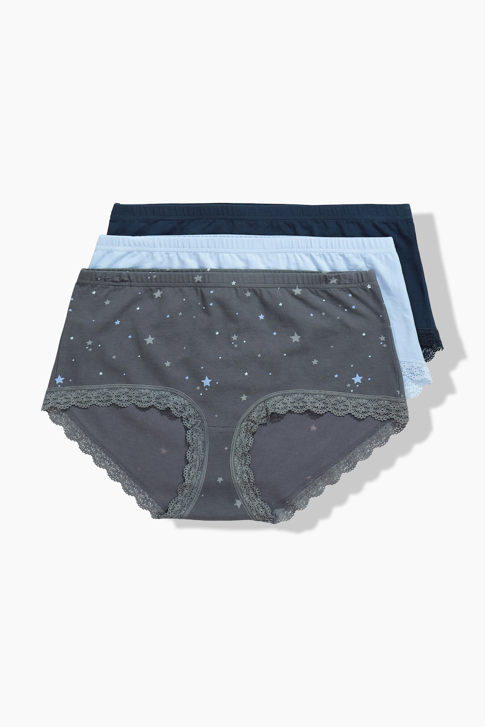 Pantys, 3er-Pack, Sterne/einfarbig, Spitzensaum