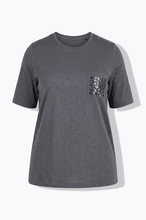 T-Shirt, Ziersteine, Brusttasche, Rundhals, Halbarm