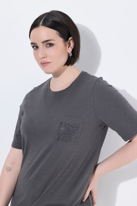 T-Shirt, Ziersteine, Brusttasche, Rundhals, Halbarm