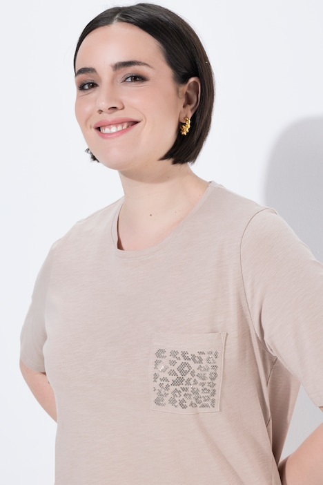 T-Shirt, Ziersteine, Brusttasche, Rundhals, Halbarm