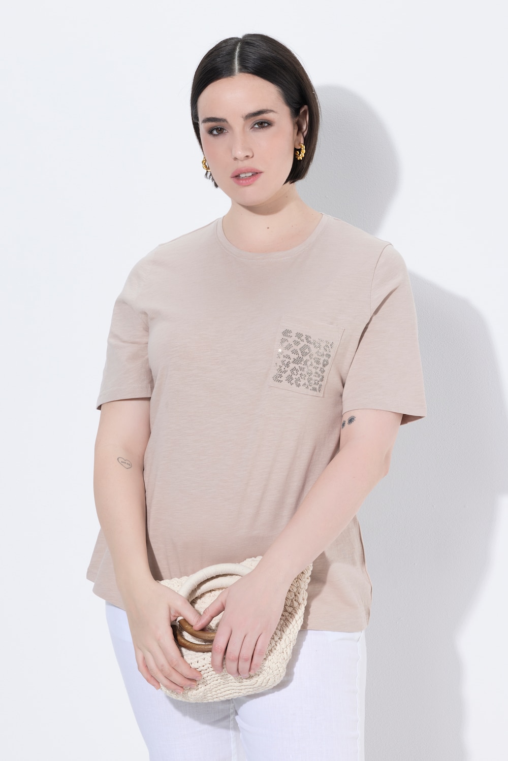 T-Shirt, Ziersteine, Brusttasche, Rundhals, Halbarm