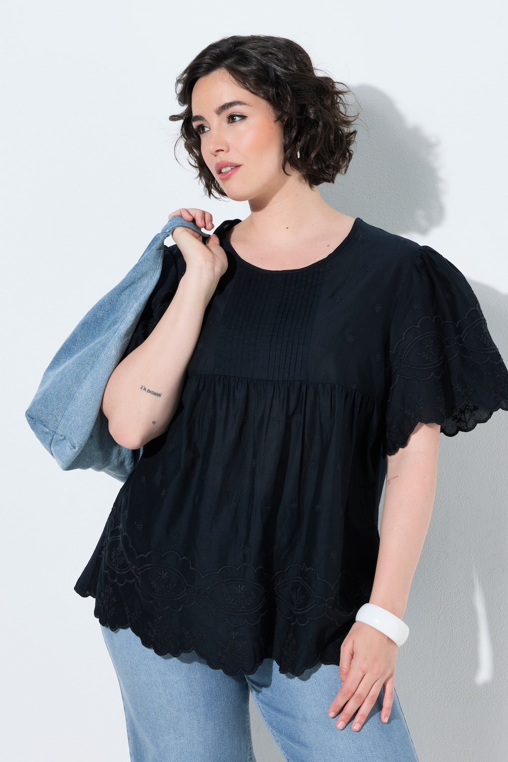Blusenshirt, Stickerei, Biesen, A-Linie, Rundhals, Halbarm