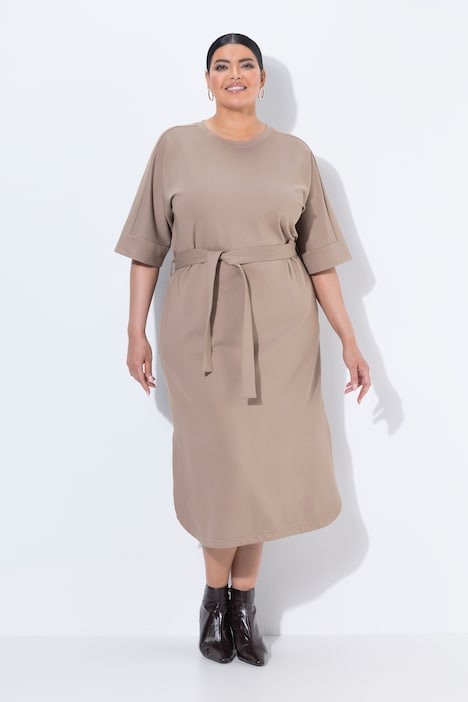 Midi-jurk, oversized, ronde hals, korte mouwen, zakken