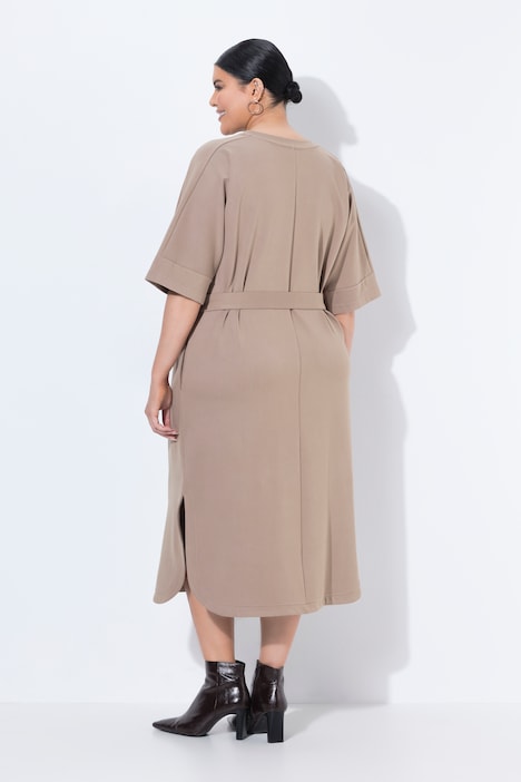 Midi-jurk, oversized, ronde hals, korte mouwen, zakken