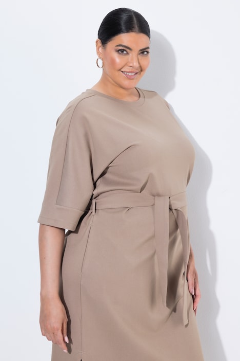 Midi-jurk, oversized, ronde hals, korte mouwen, zakken
