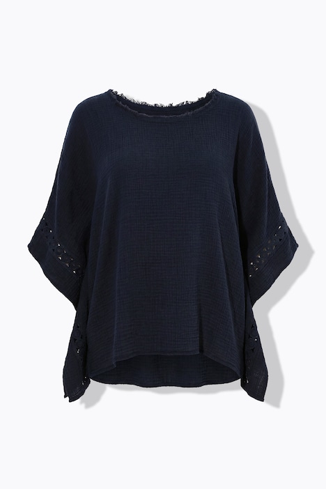 Mousseline blouse, kant, oversized, ronde hals, korte mouwen