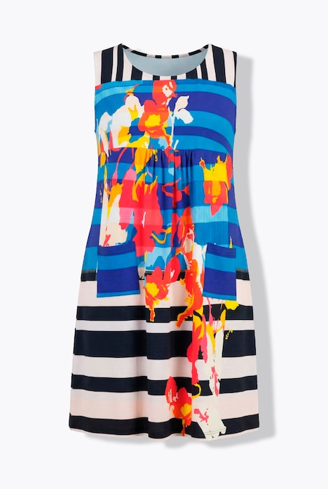 Jersey jurk, patchprint, A-lijn, ronde hals, mouwloos
