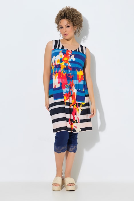 Jersey jurk, patchprint, A-lijn, ronde hals, mouwloos