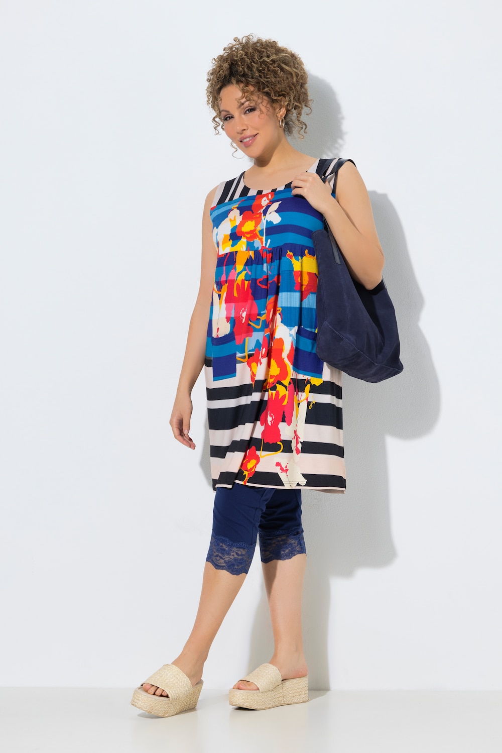 Jersey jurk, patchprint, A-lijn, ronde hals, mouwloos