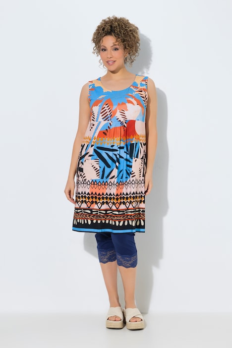 Jersey jurk, patchprint, A-lijn, ronde hals, mouwloos