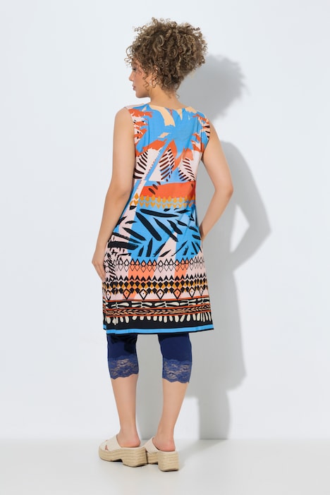Jersey jurk, patchprint, A-lijn, ronde hals, mouwloos