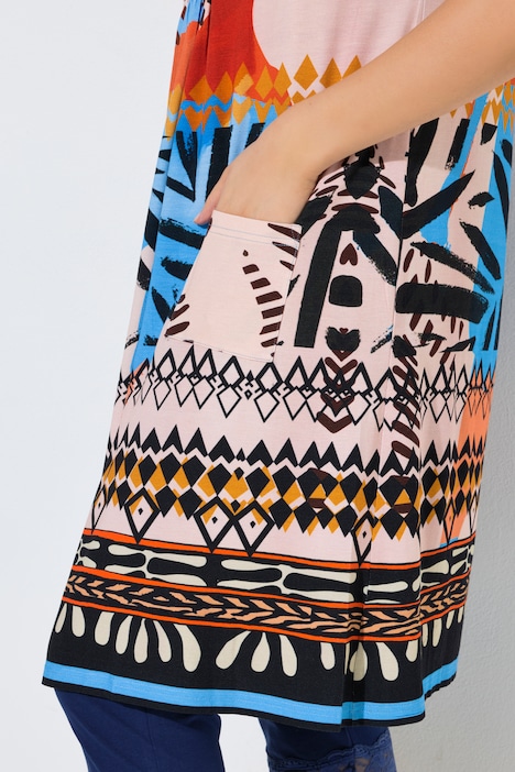 Jersey jurk, patchprint, A-lijn, ronde hals, mouwloos