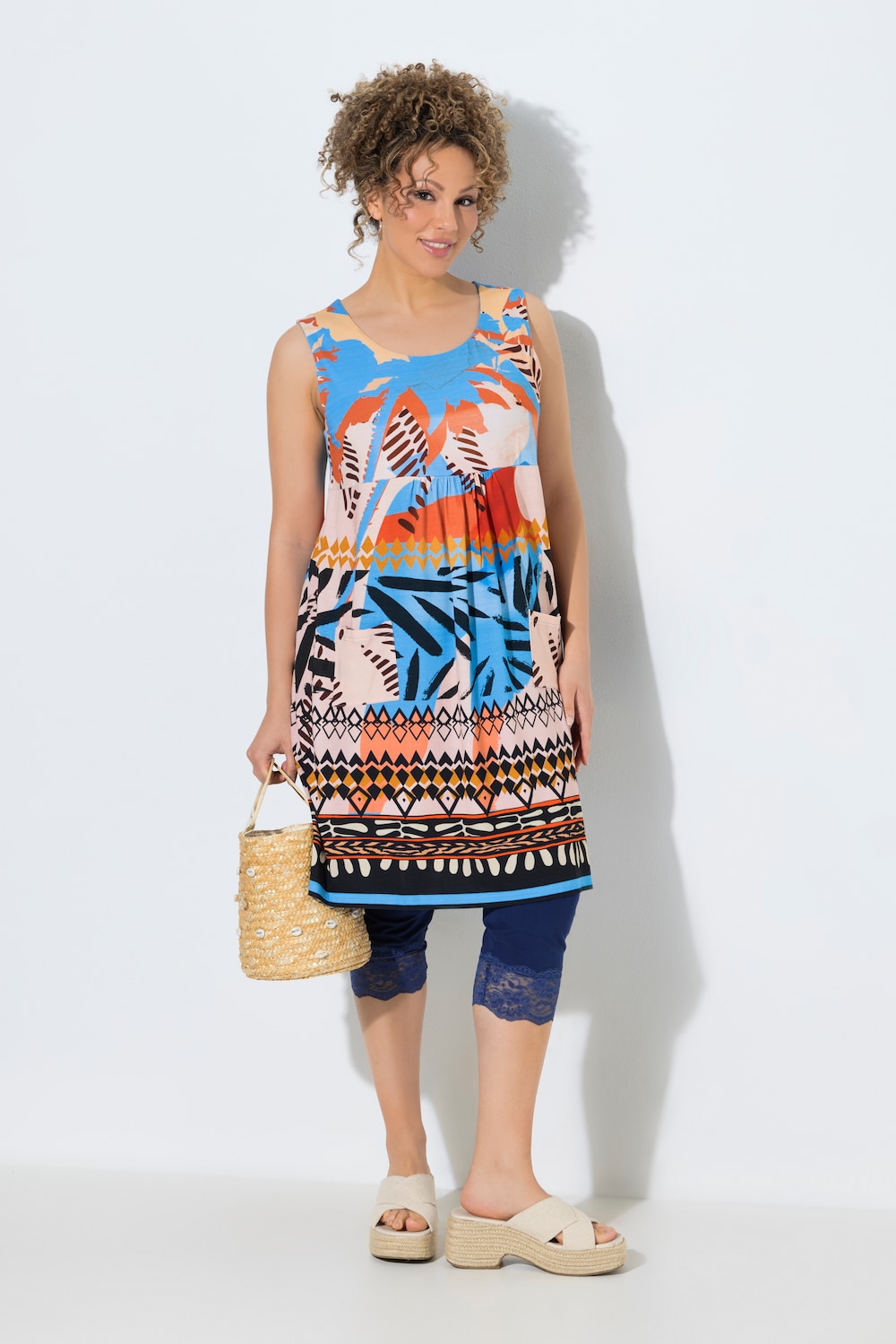 Jersey jurk, patchprint, A-lijn, ronde hals, mouwloos