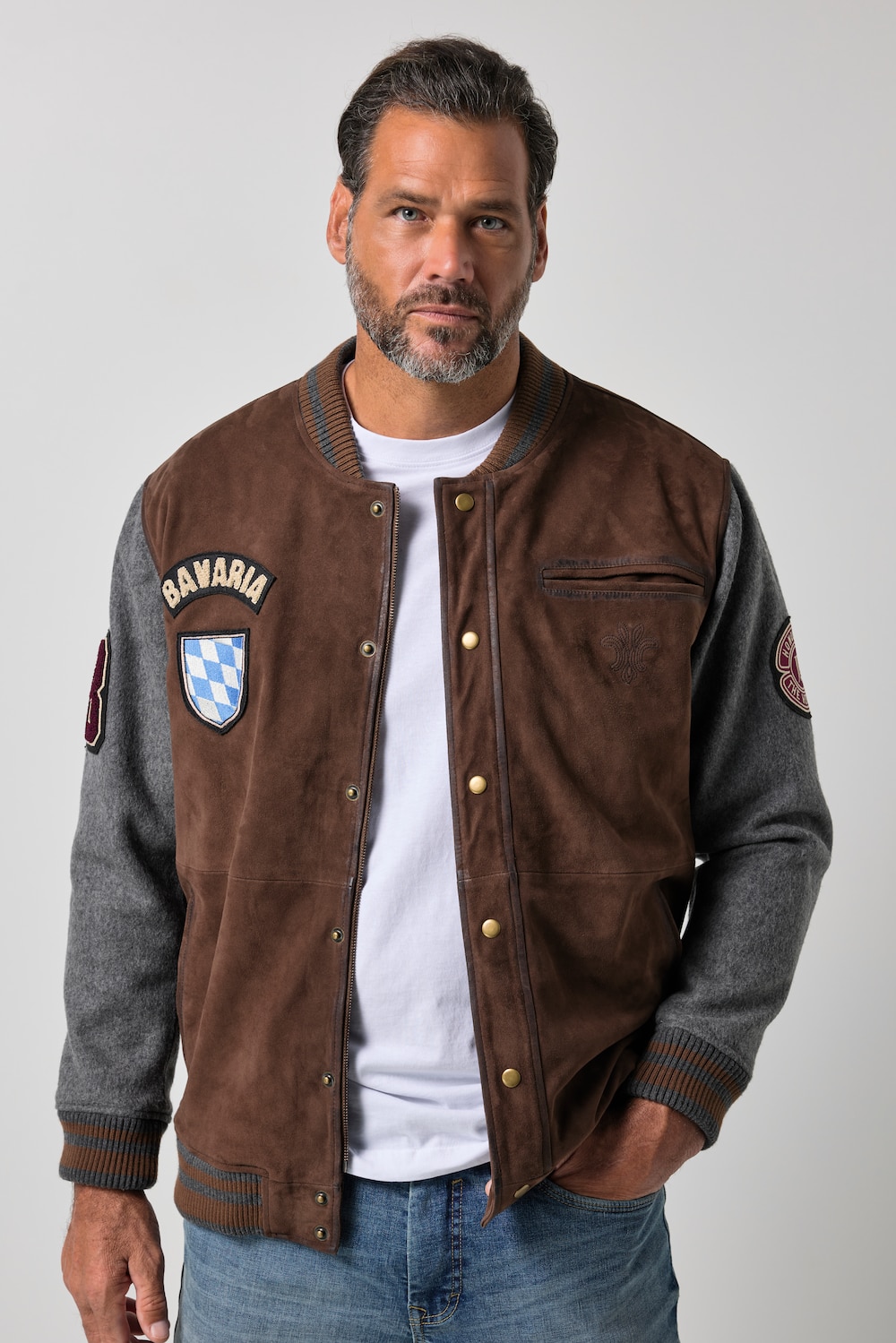 Leder-Collegejacke Bavaria, Leder, Ziegenvelours, Zipper, bis 7 XLL