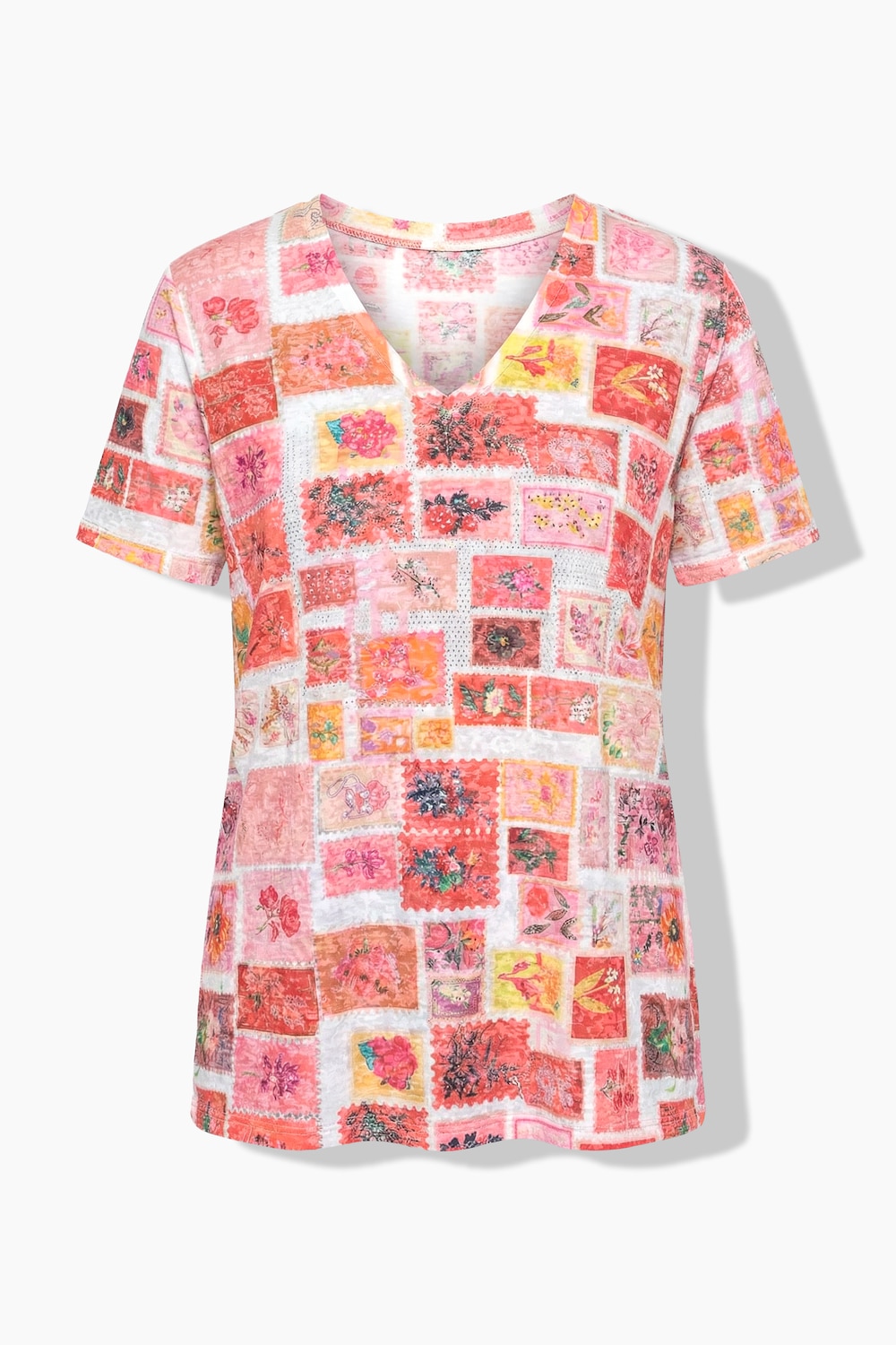 Stora storlekar T-shirt i A-linjemodell med glitterstenar och frimärksmönster, Dam, röd, storlek: 52, Polyester/Viskos, Angel of Style