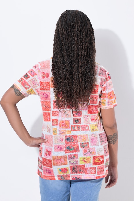 T-shirt, taglio svasato, stampa francobolli, strass