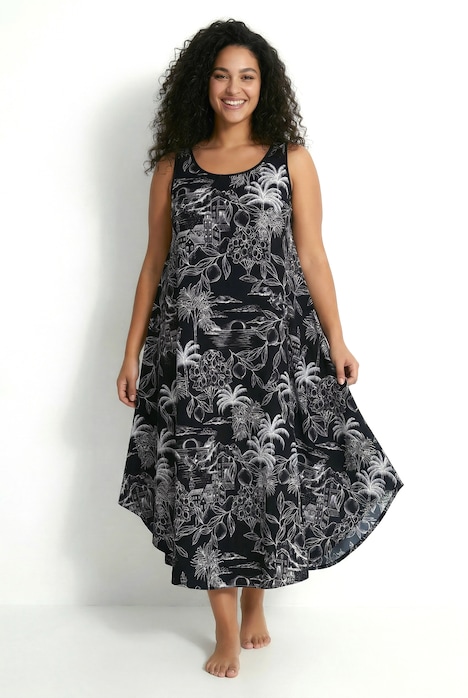 Midikleid, Palmen, A-Linie, Rundhals, ärmellos