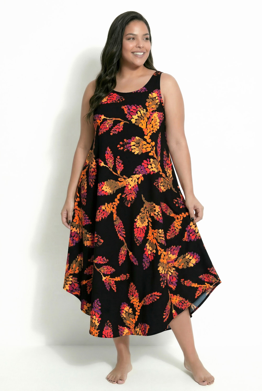 Midikleid, Blätter, A-Linie, Rundhals, ärmellos