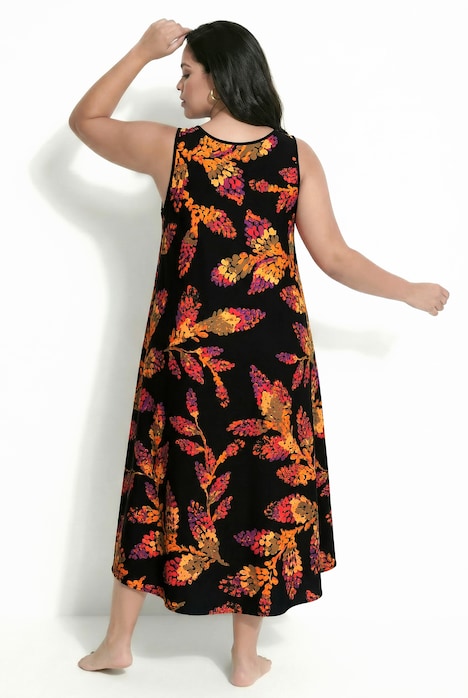 Midikleid, Blätter, A-Linie, Rundhals, ärmellos