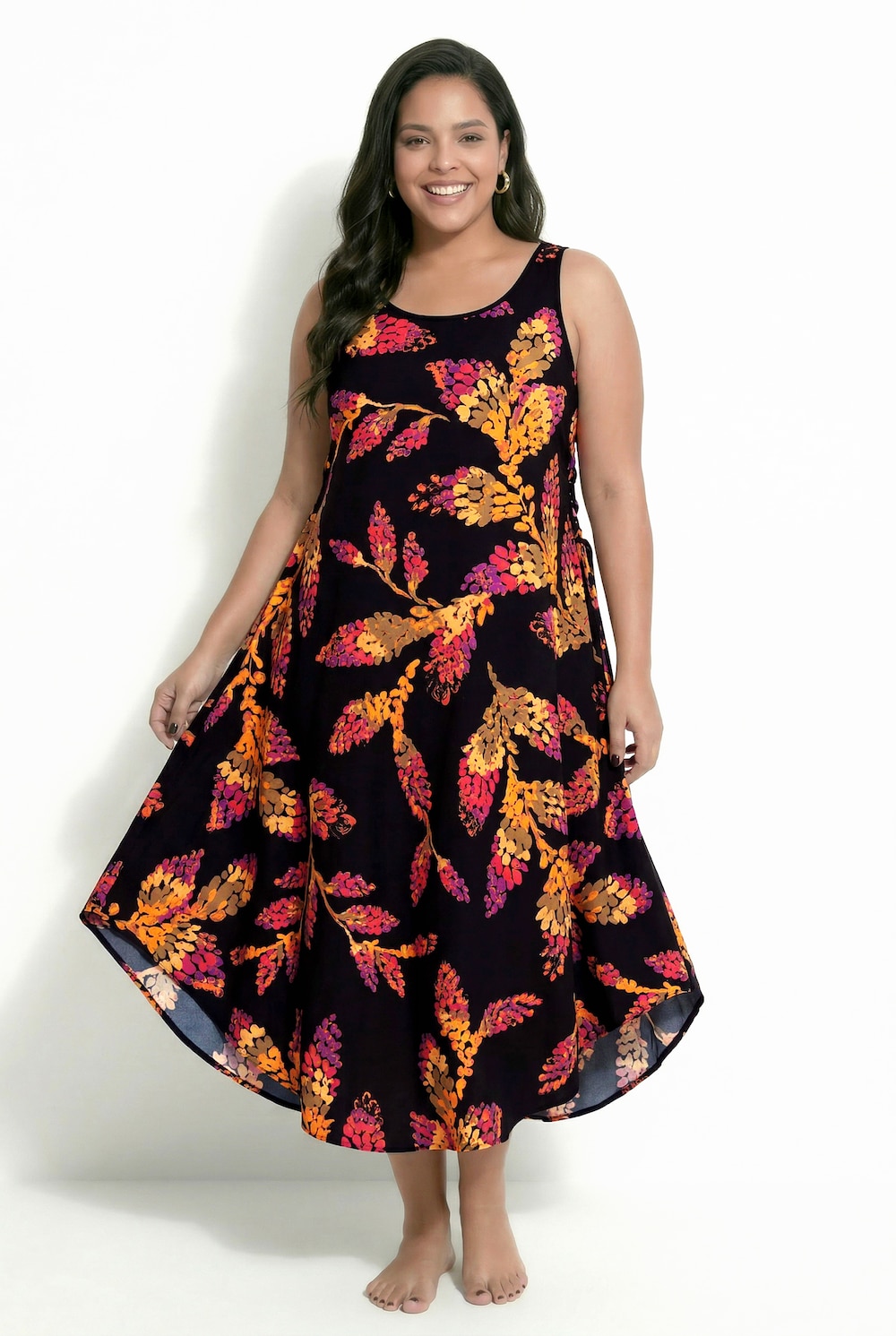 Midikleid, Blätter, A-Linie, Rundhals, ärmellos