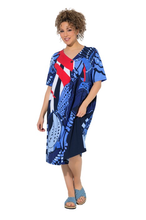 Midi šaty, áčkový střih, V výstřih, krátké rukávy, kapsy