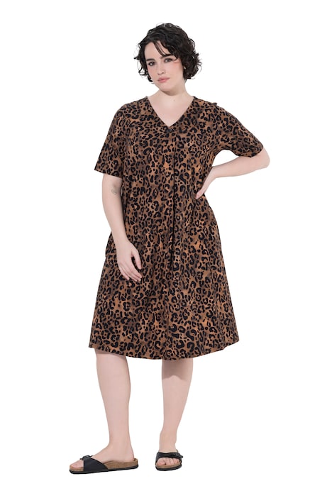 Midi šaty, áčkový střih, V výstřih, krátké rukávy, kapsy