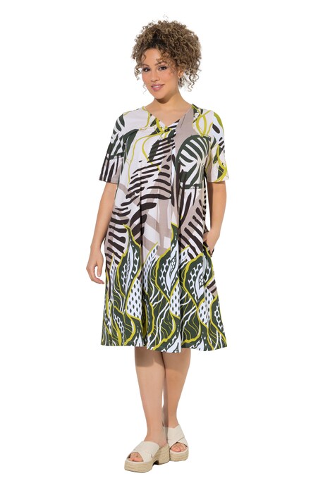 Midi šaty, áčkový střih, V výstřih, krátké rukávy, kapsy