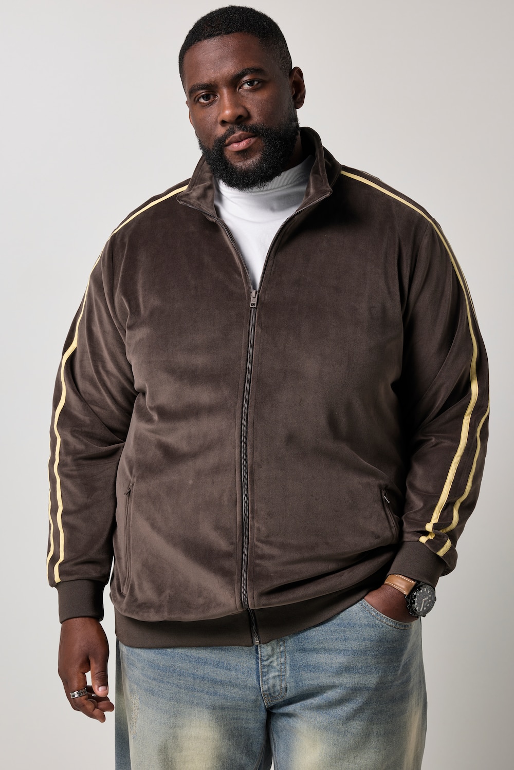 Sweatjacke, Samt-Sweat, Stehkragen, Kontrasteinsätze, bis 8 XL
