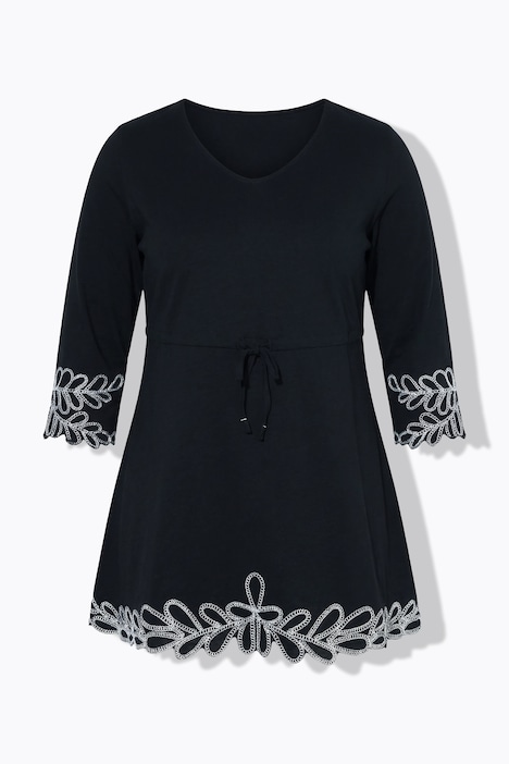 Longshirt, Stickerei, A-Linie, V-Ausschnitt, 3/4-Arm