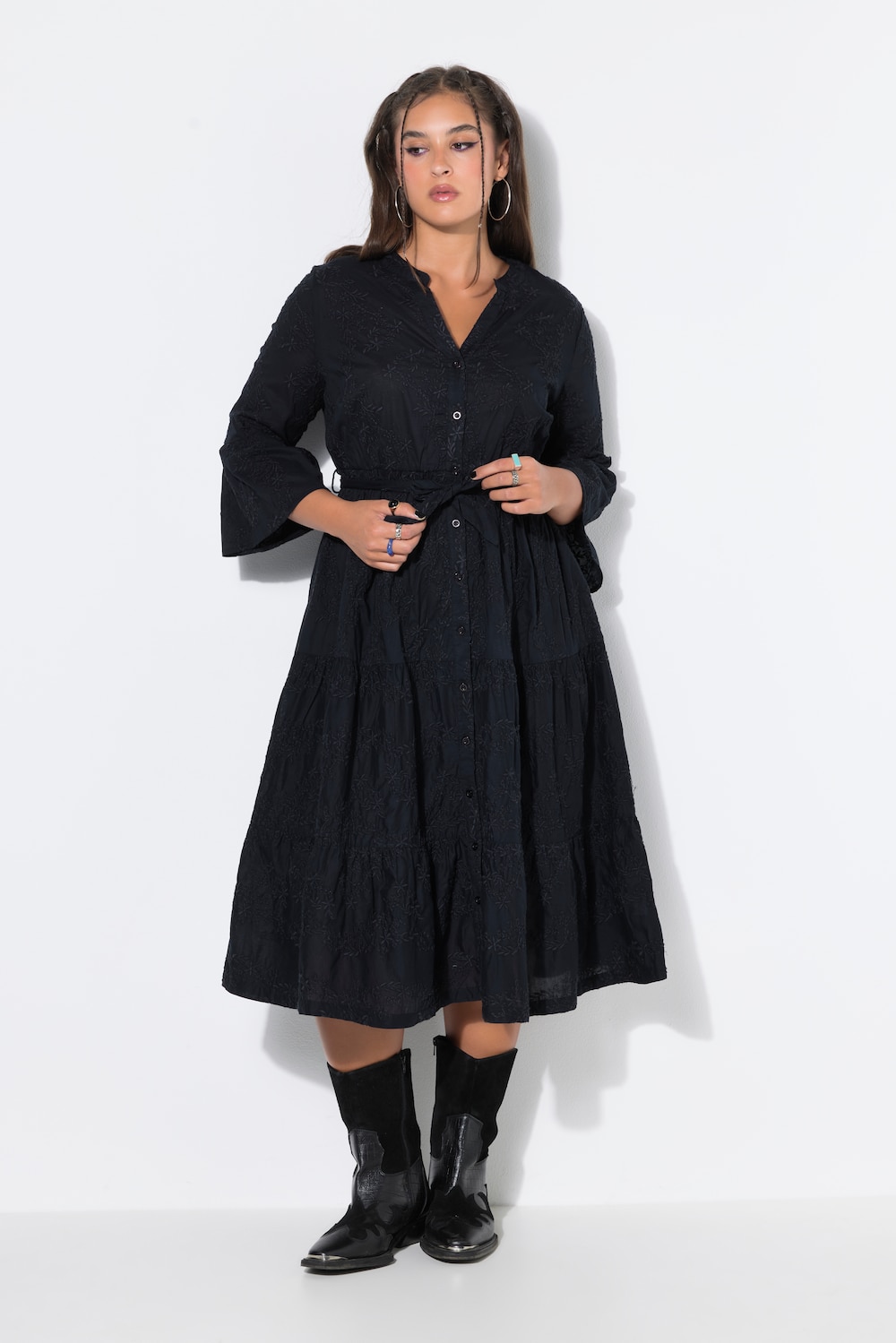 Midikleid, bequemer Shape, Stickerei, 3/4-Ärmel