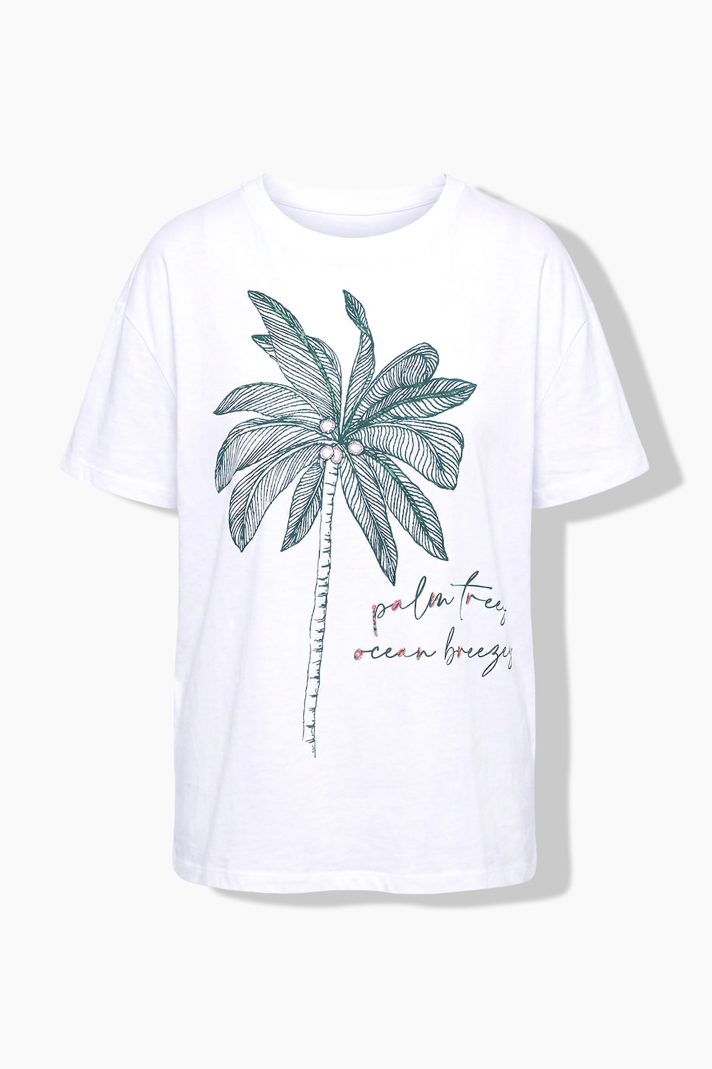 Stora storlekar T-shirt i boxig modell med paljetter och palm-motiv, Dam, vit, storlek: 48, Bomull, Angel of Style