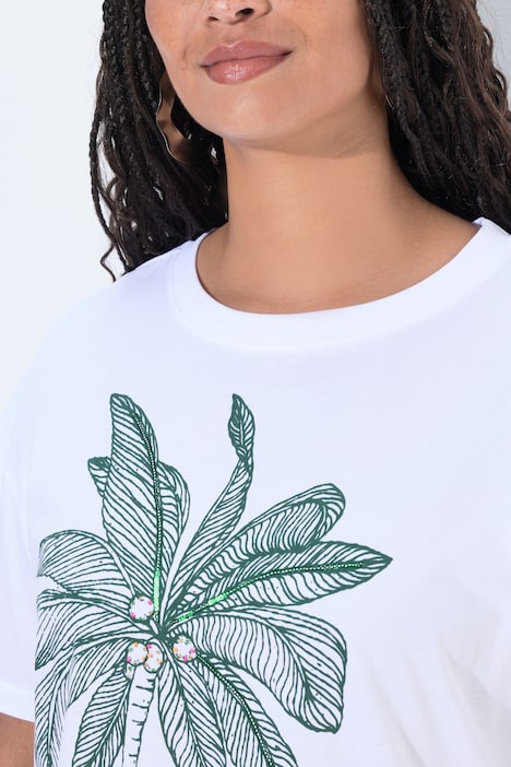 T-Shirt, Boxy Fit, Pailletten, Palmen-Motiv