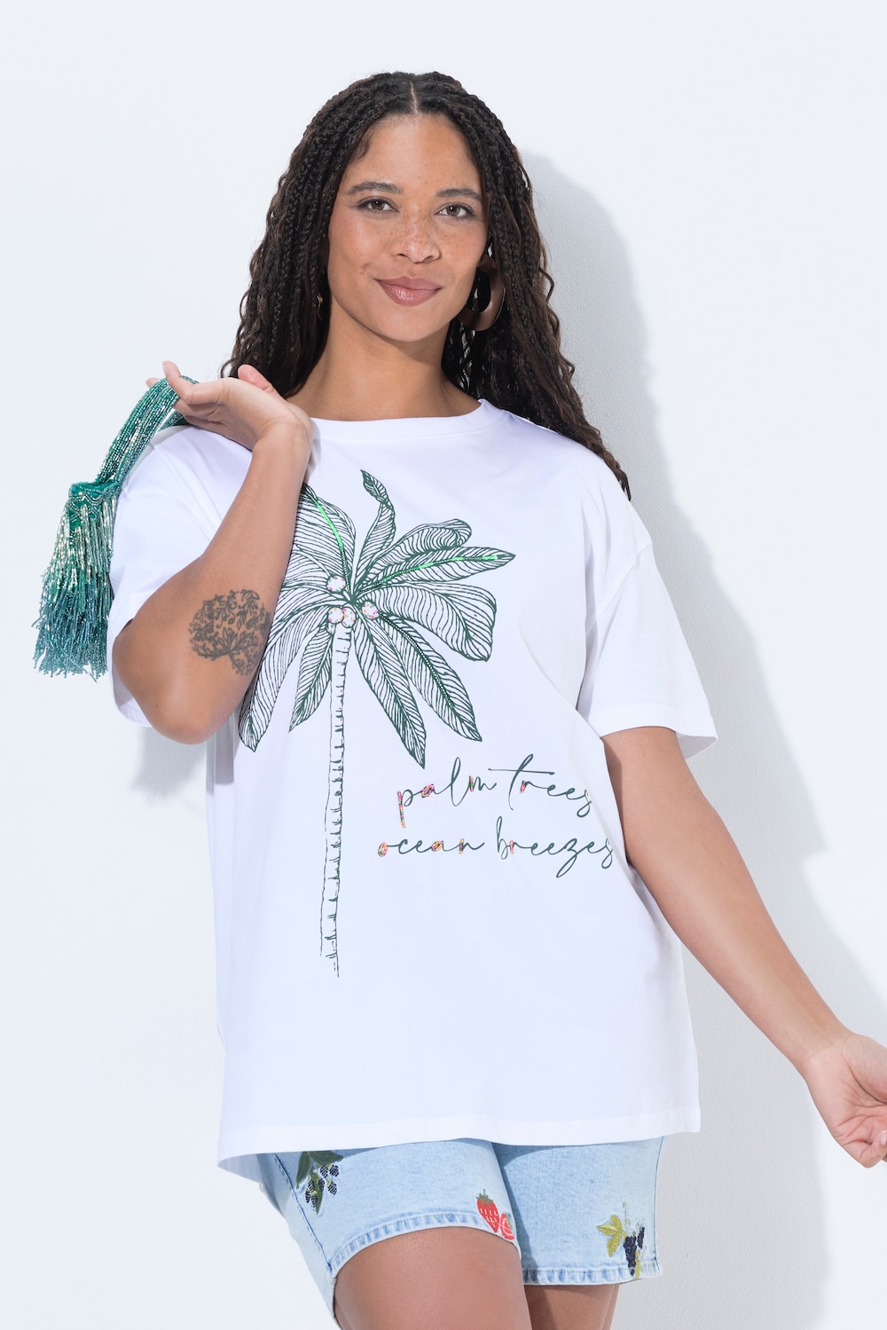 T-Shirt, Boxy Fit, Pailletten, Palmen-Motiv